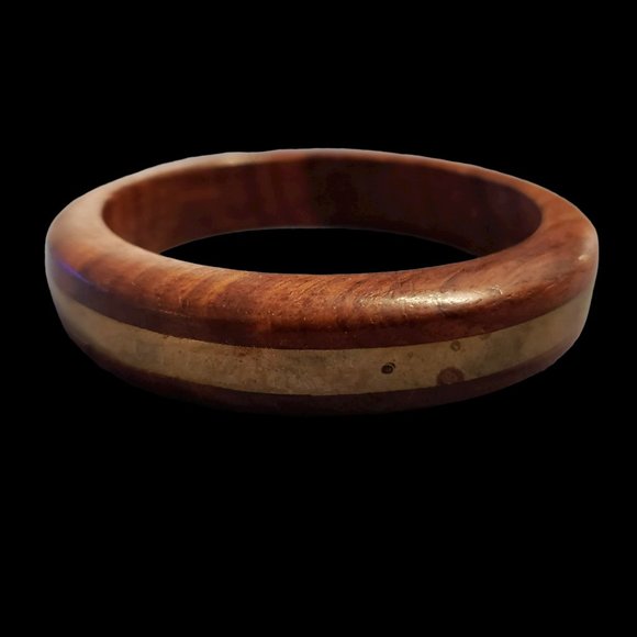 unknown Jewelry - Vintage Wood Bangle Bracelet with Brass Inlay Band Natural
